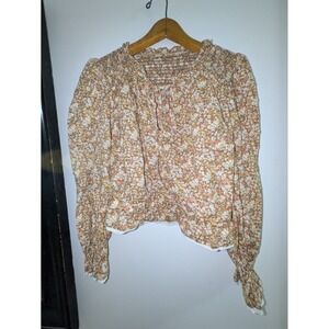 American Eagle medium Country Floral Long Sleeve lace trim peasant Top Boho